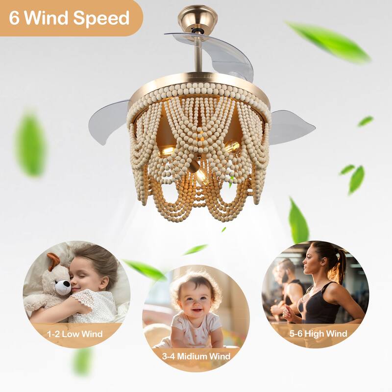 Cusp Barn 42 Inch Boho Retractable Ceiling Fan with Remote, Coastal 6 Speeds Fandelier, Farmhouse Caged Wood Beaded Ceiling Fan