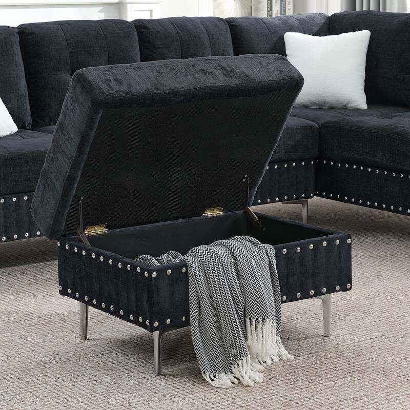 Roomfitters Sectional 3-Seater Sofa with Chaise, Storage Ottoman, Metal Legs, Nailhead Trim and Two Pillows