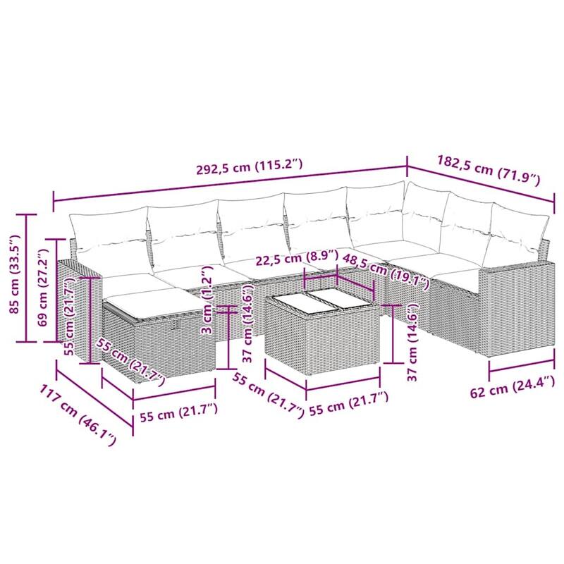 vidaXL 8 Piece Patio Sofa Set with Cushions Black Poly Rattan - 21.7 x 24.4 x 27.2