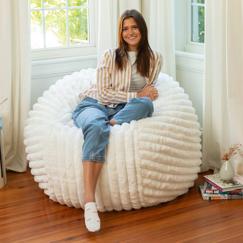 Jaxx Saxx 4ft - Large Round Bean Bag for Adults - Plush Synthetic Fur - Faux Fur Ivory