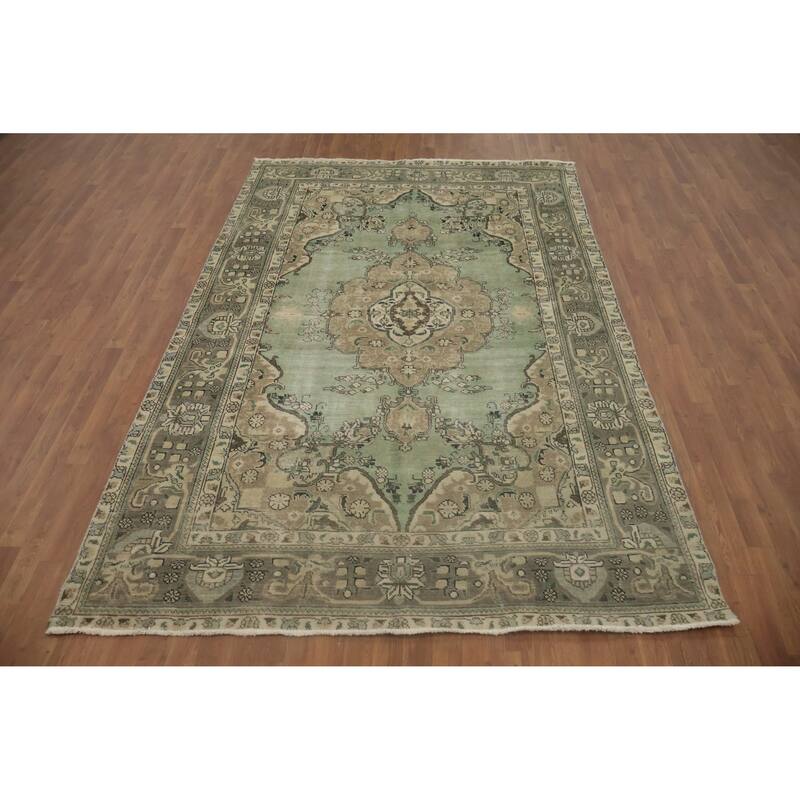 Hand Knotted Oriental 100% Wool Carpet Traditional Floral Green Tabriz Area Rug - 10' 0'' X 6' 6''