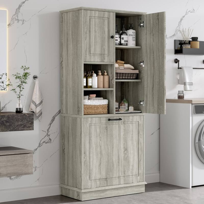 Tall Storage Cabinet with Adjustable Shelves, Large Flip-Out Basket & Enclosed Cabinets