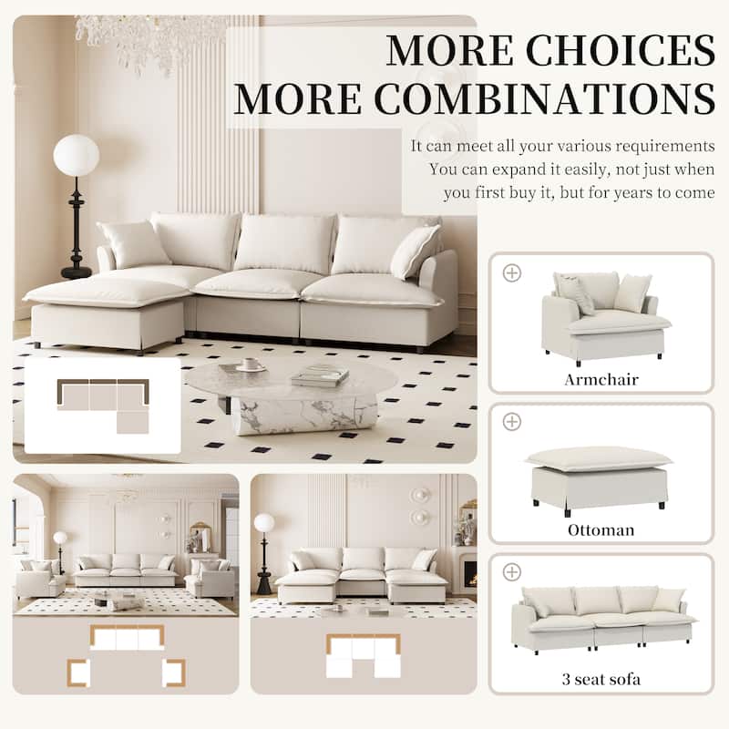 94" Chenille L-Shaped Modular Sectional Sofa with Ottoman & Throw Pillows,and 4-Seater Cloud Couch