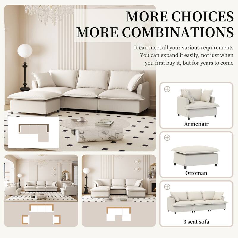 Traditional Modular Chenille Sofa with Skirted Cushions and Ottoman and 2 handrails for Living Room or Guest Room