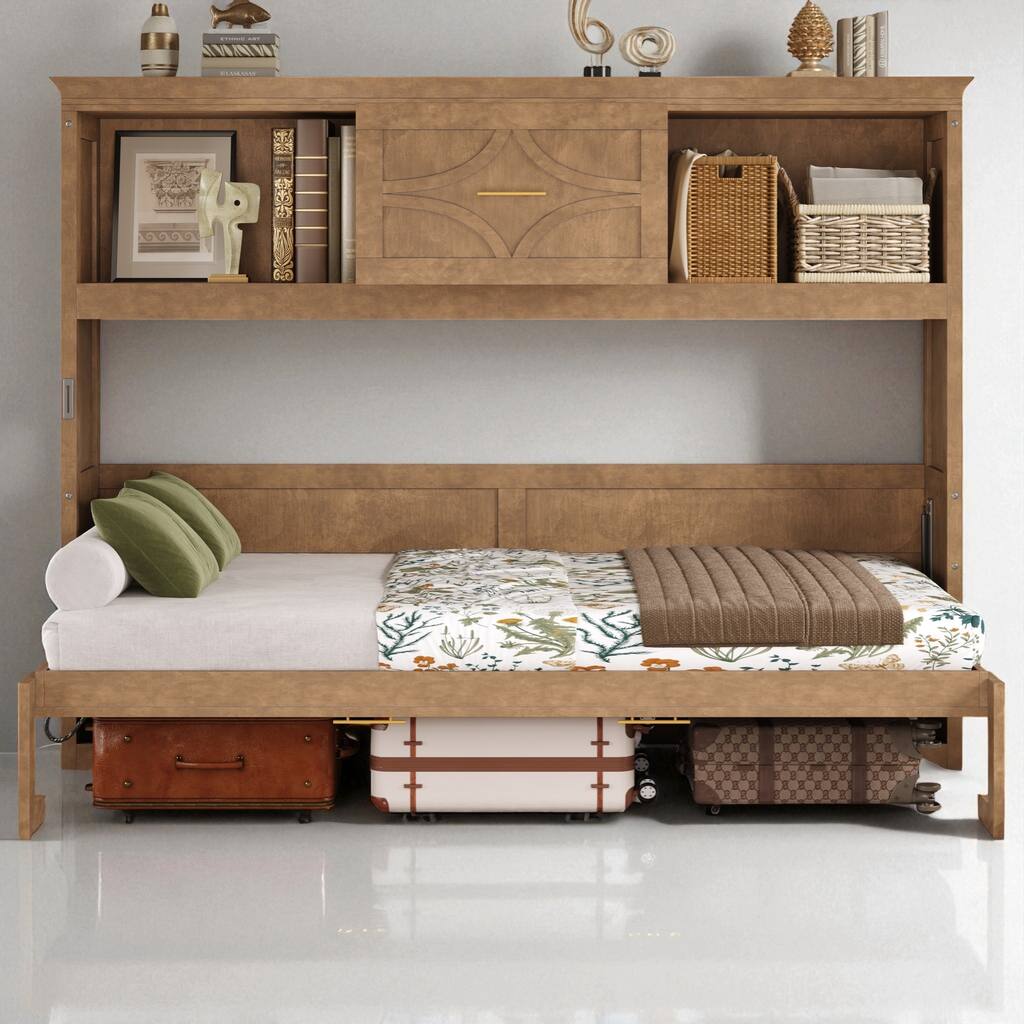 Twin Size Murphy Bed with Storage Cabinets, Charging Station, USB Ports, Solid Wood Foldable Wall Bed Frame