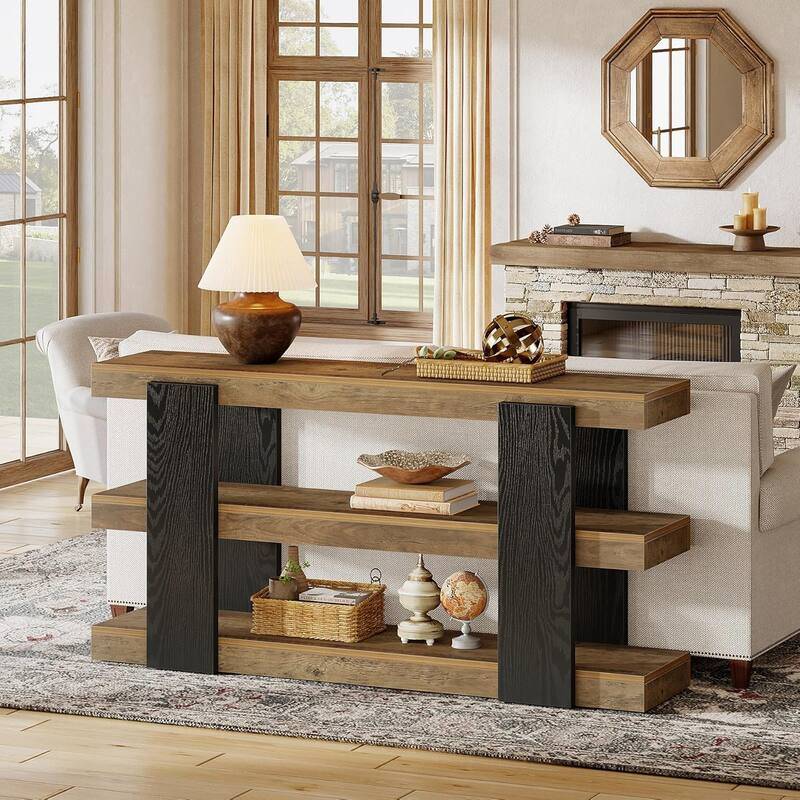 63-Inch Long Console Table, 3-Tier Farmhouse Wood Entryway Table with Storage - 63" L x 10.63" W x 33.27" H
