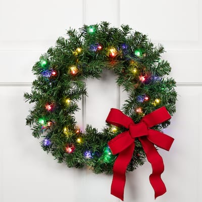 Pre-Lit Artificial Battery Operated Pine Christmas Wreath - 18" - LED Multicolor