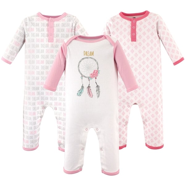 slide 1 of 1, Hudson Baby Infant Girl Cotton Coveralls 3pk, Dream Catcher 0 - 3 Months - Pink