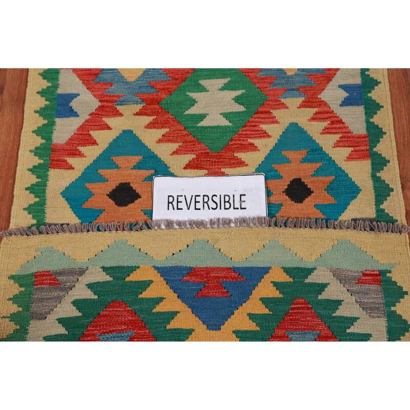 Hand Woven Oriental 100% Wool Carpet Southwestern Geometric Multi-Colored Kilim Runner Rug - 13' 0'' X 2' 10''