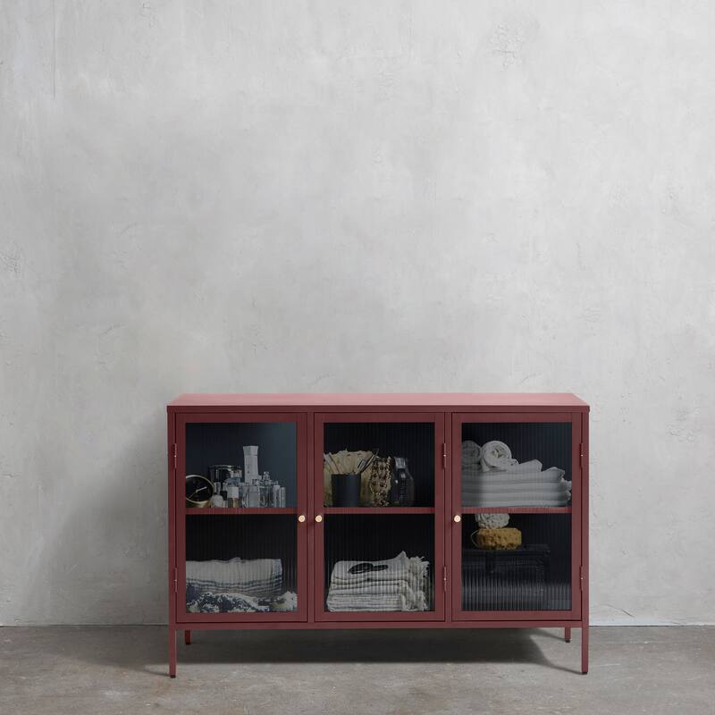 Rye Studio Brianne Modern Metal & Glass 3-Door Sideboard - Red