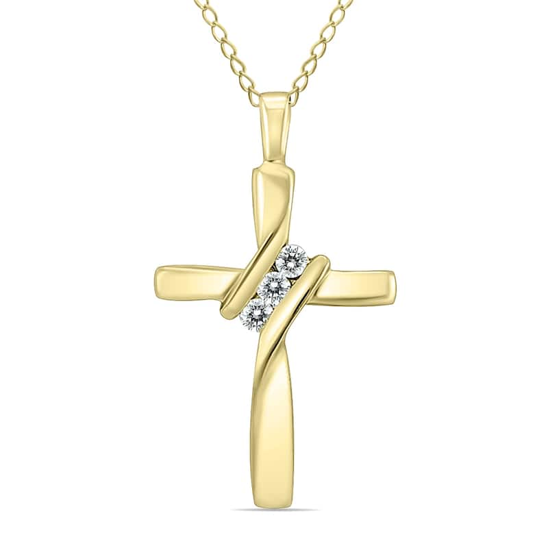 Marquee Three Stone Diamond Cross Pendant in 10K Yellow Gold