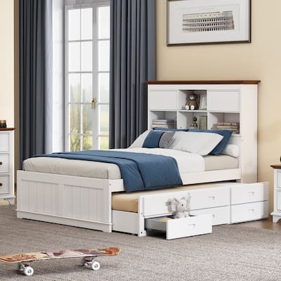 Twin/Full Bed with Trundle and 3 Under Bed Drawers, Wood Platform Bed Frame with Bookcase Headboard for Kids Teens Adults