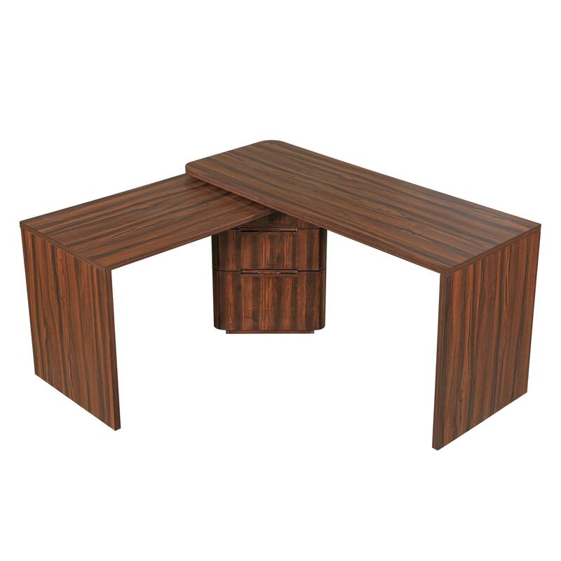 Merax 360 Modern L-Shape Rotating Desk with 3 Drawers and Space-Saving Convertible Workstation