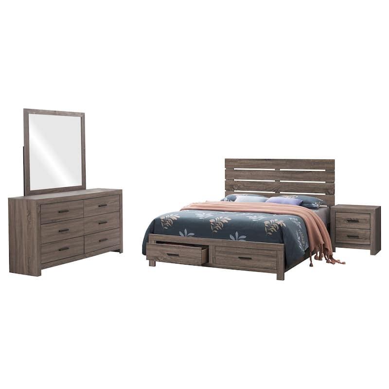 Sili 4pc Queen Storage Bedroom Set, Oak Brown and Dark Bronze