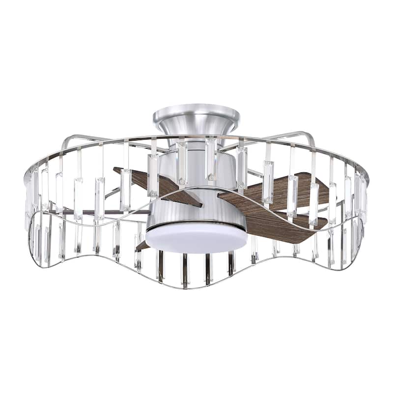 27" Modern Flush Mount Ceiling Fan Caged Crystal Fandelier Low Profile Ceiling Fan in Brushed Nicke