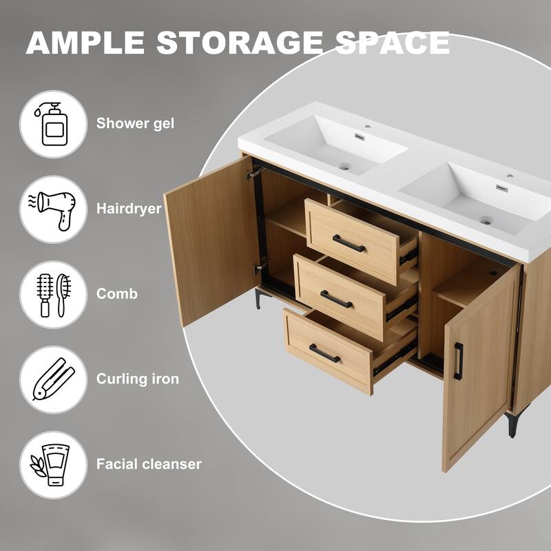 Beingnext 60" Bathroom Vanity with Double Sink, Freestanding Bathroom Vanity with 3 Drawers, 2 Doors and 2 Adjustable Shelves
