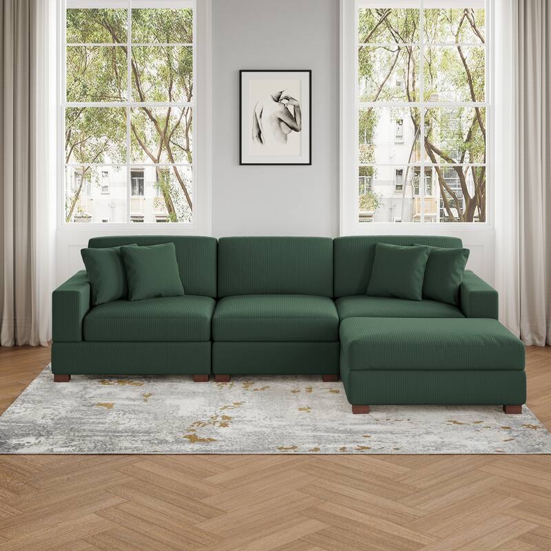 Ella 82" W/ 118" W Corduroy Modular Sectional Sofa with Ottoman - 4-Piece Hunter Green