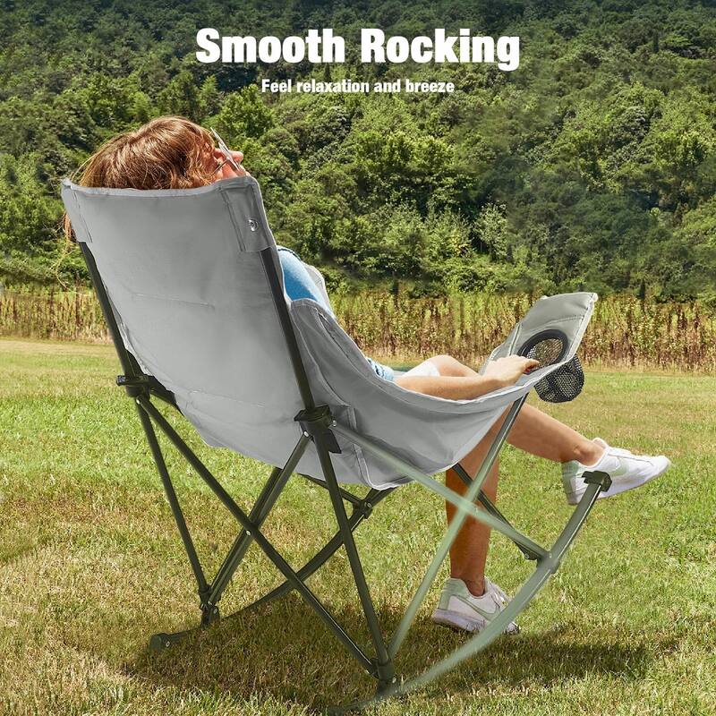 BOSSIN Heavy-Duty Oversized Rocking Camp Chair, Portable Folding w/Cup Holder, Cooler & Pocket for Camping, Beach, Backyard