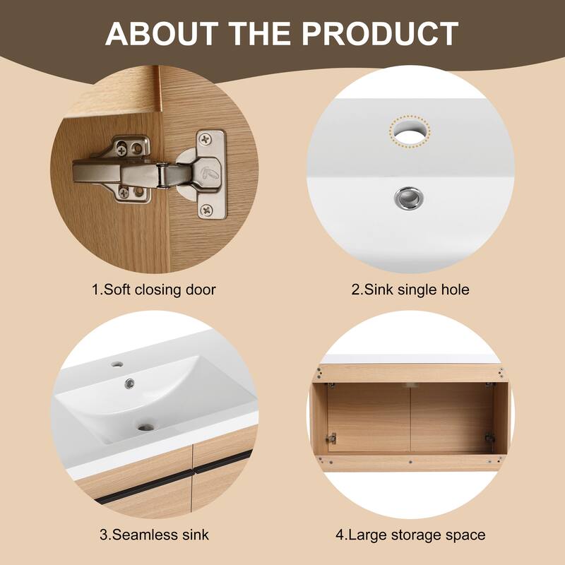 GDFStudio - Levistar Modern Wall-Mounted Bathroom Vanity Set with Scratch-Resistant Resin Sink & Soft Close Doors