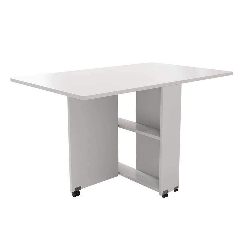 Space-Saving Drop-Leaf Table‌ – 47.2"L x 23.6"W x 30.3"H, White Finish With 6 Wheels & 2-Tier Storage Shelf (Foldable Design)
