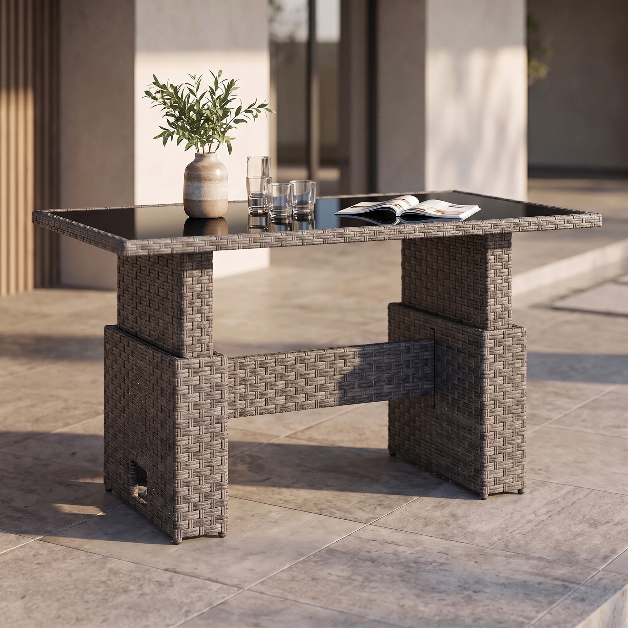 Outdoor Patio Lift Top Table, Adjustable Height PE Wicker Dining Table, Iron Frame Tempered Glass Top Convertible Coffee Table