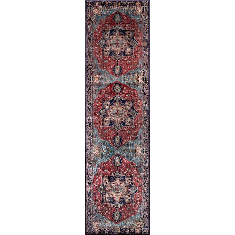 Momeni Karachi Distressed Red/ Navy Medallion Polyester Area Rug - 2' 3" x 8' - Multi - Runner