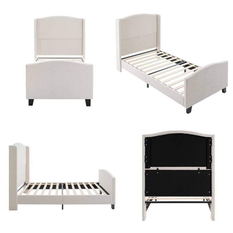 Upholstered Teddy Velvet 49.21" High Headboard Twin Size Bed Frame with 27.17" High Footboard
