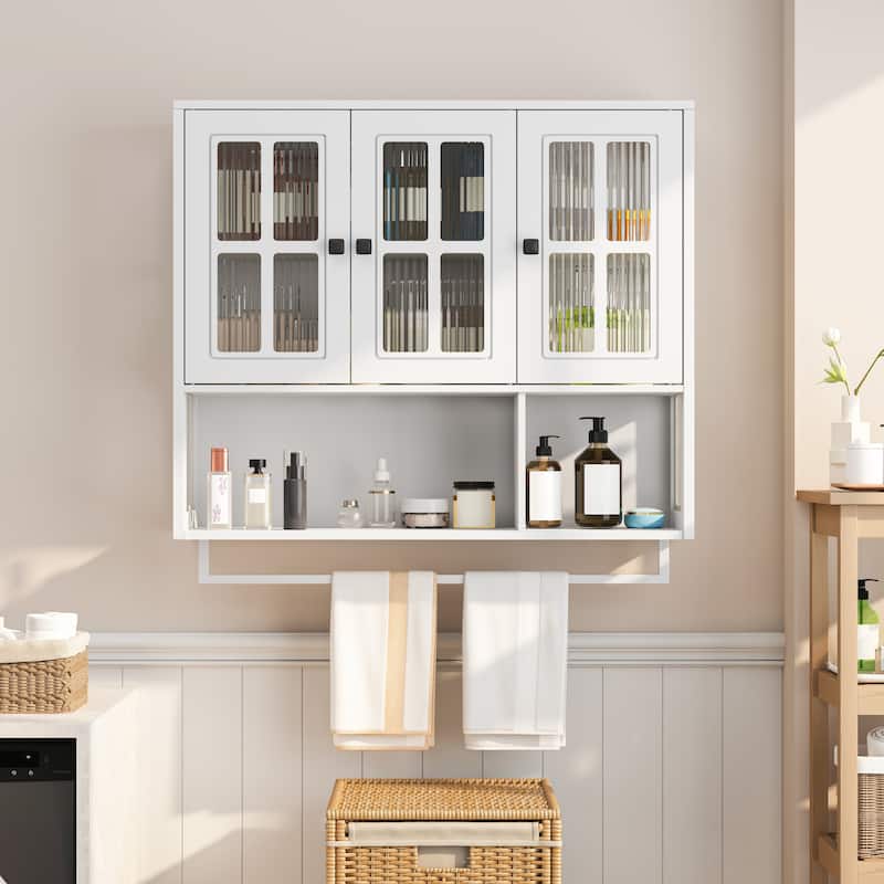 Modern 2 Door/3 Doors Wall Cabinet with 2-tier Enclosed Storage, 1 Open Shelf, and Towel Rack - White-3 Doors