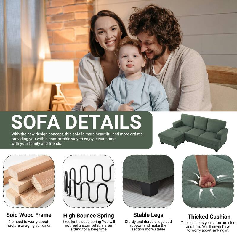 L Shaped 3 Seats Sofa with Armrest Organizer, Linen Sectional Sofa with Movable Ottoman, Comfy Upholstered 3 Seater Couch,