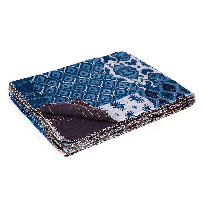 HomeRoots 50" X 70" Black And Blue Ikat Cotton Quilted Kantha Throw Blanket with Embroidery
