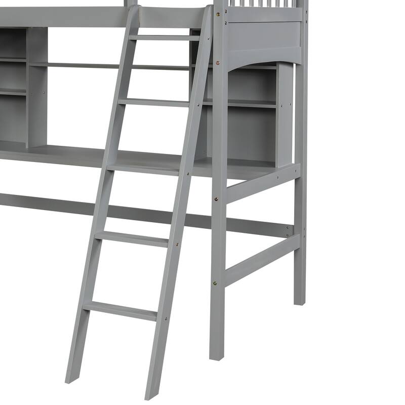 Modern Style Solid Pine Wood Twin Size Loft Bed with Storage Shelves
