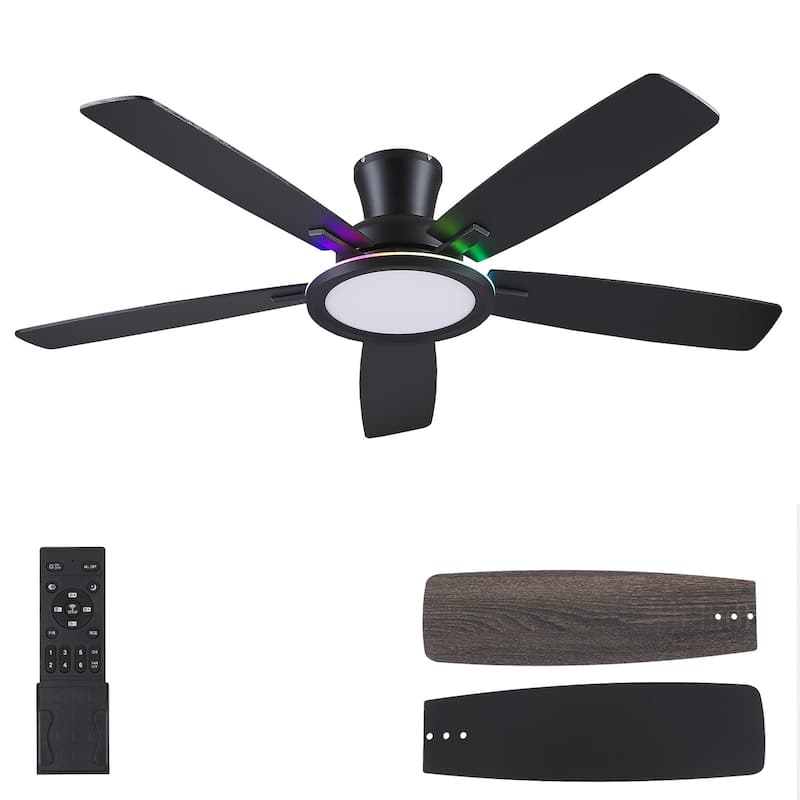 52/54 Inch Flush Mount Low Profile Ceiling Fan with Light,Remote and App Control - 52 Inches - Black RGB