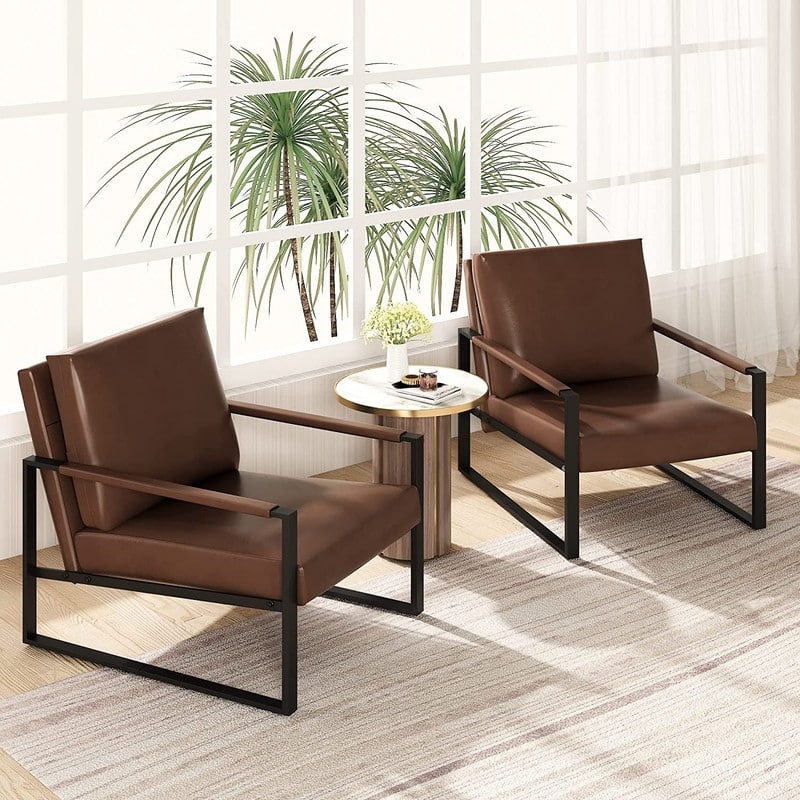 Eureka Modern Vintage Upholstered PU Leather Armchairs, Mid Century Accent Chairs with Steel Frame, Leisure Chairs (Set of 2)