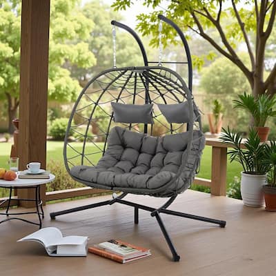 Steel Frame 2-Person Egg Chair with Stand and Outdoor Wicker Hanging Swing for Patio/Balcony