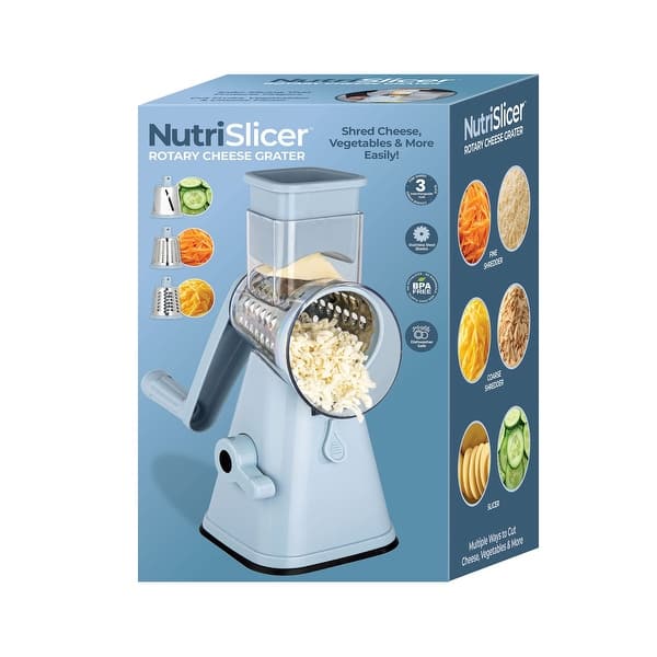 slide 2 of 7, NutriSlicer Vegetable Slicer Cheese Grater Potato Slicer Salad Chopper with Suction Base Light Blue