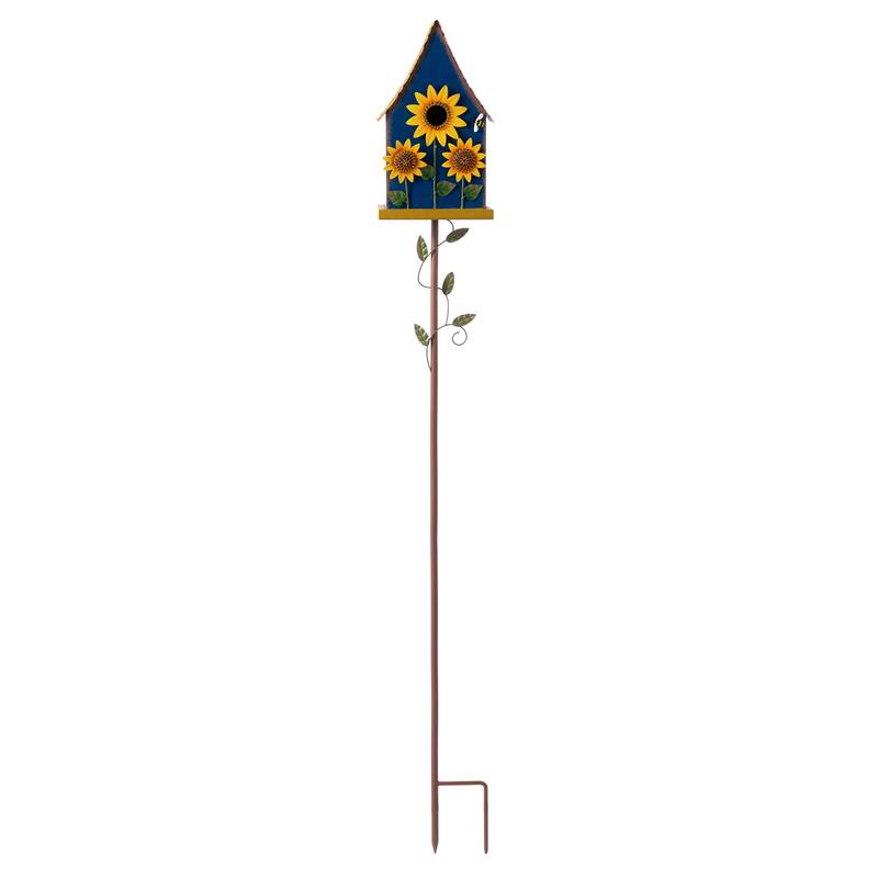 Glitzhome 52.5''H Blue Green Metal Sunflower Decorative Garden Birdhouse with Stake