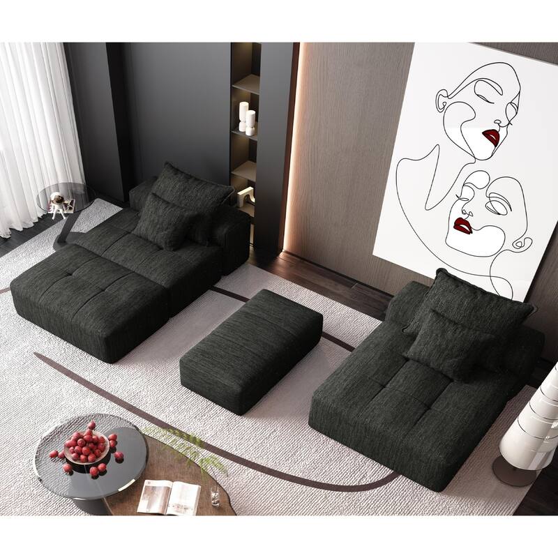 Oversized Modular Chenille Sectional Sofa with Ottoman, Chaise Lounge, 1 Armrest and 4 Pillows for Living Room