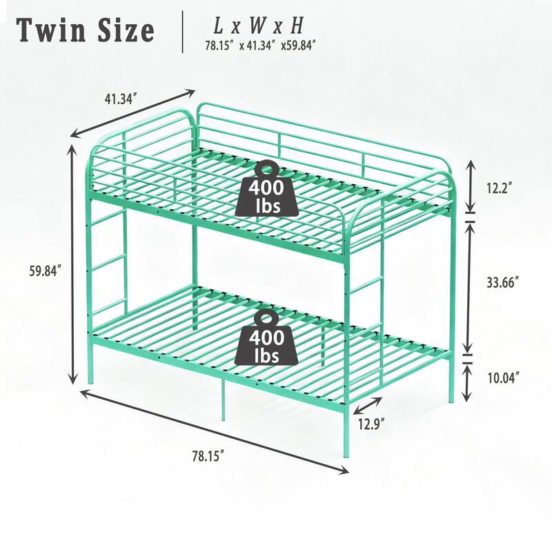 Twin Over Twin Metal Bunk Bed with Dual Ladders, Full Length Guardrails, Heavy Duty Frame, No Box Spring Needed