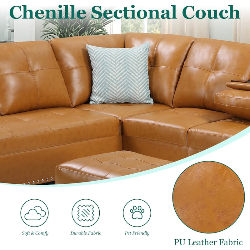 HOMEFUN Linen/Leather Upholstered L-Shaped 4-seater Multifunctional Sectional Sofa with Storage Ottoman,Cup Holder