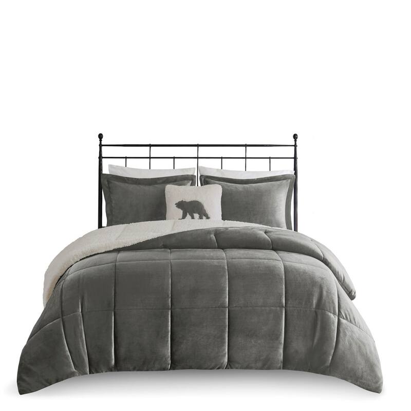 GDF Studio - Alton Plush to Sherpa Down Alternative Comforter Set - Charcoal & Ivory