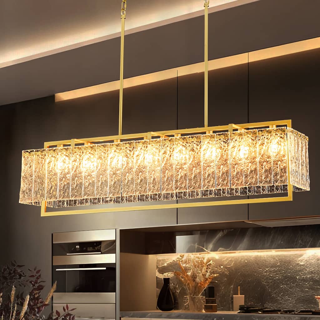 8-Light Gold Rectangular Chandelier with Water-Ripple Glass for Dining Room - 41.7 in. W x 11 in. D x 11.8 in. H