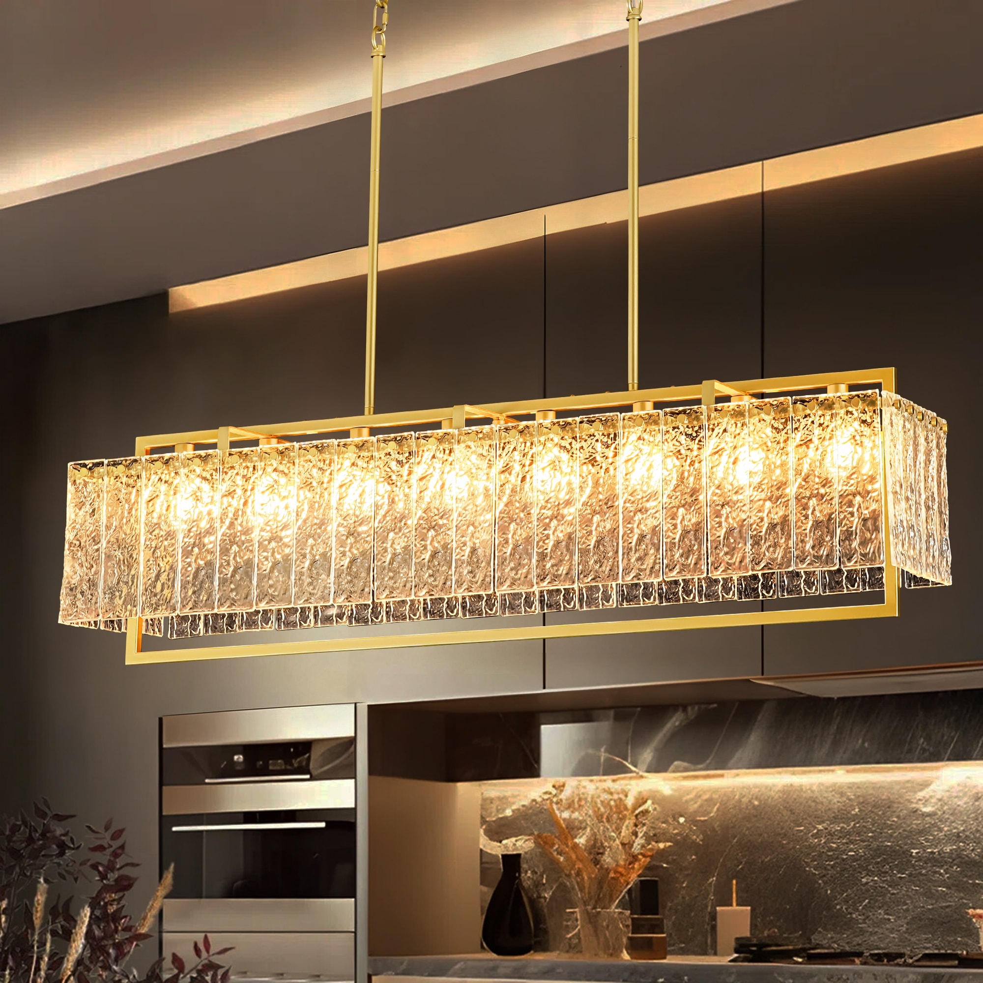 Rennnsan 8-Light Gold Rectangular Chandelier with Water-Ripple Glass for Dining Room - 41.7 in. W x 11 in. D x 11.8 in. H