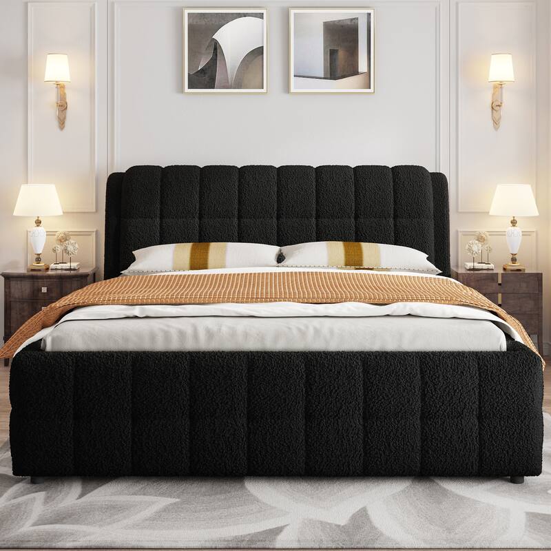Modern Upholstered Platform Bed Frame Grounded Bed Frame with Striped Headboard/Wood Slats Support/No Box Spring/Easy Assembly