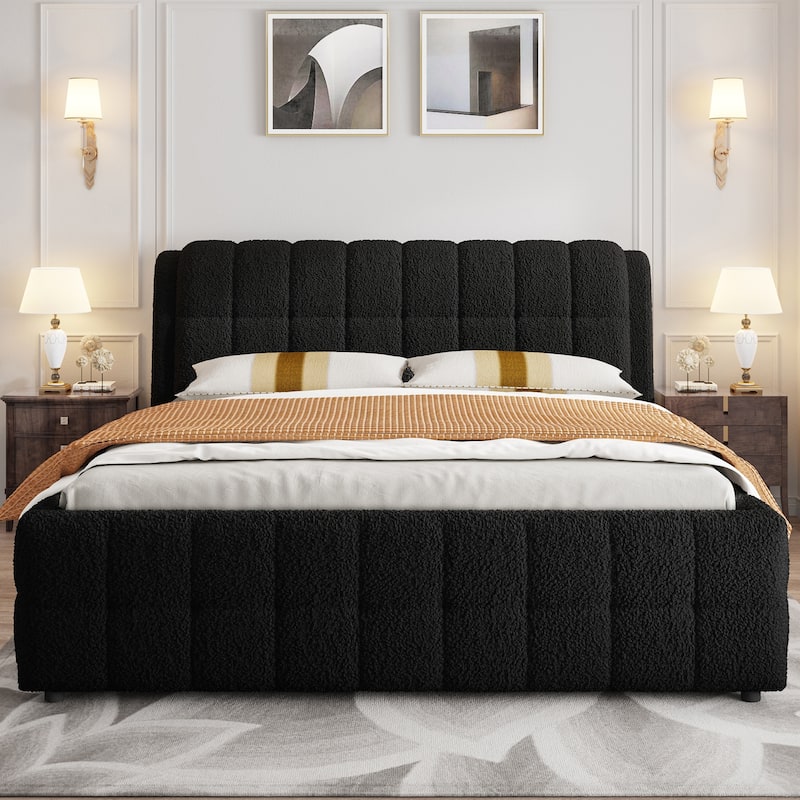 Upholstered Platform Bed with Thick Wingback Headboard and Wood Slat Support