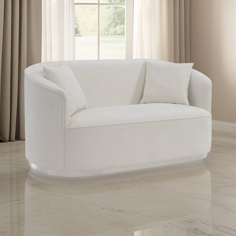 Oggy 64 Inch Loveseat, 2 Throw Pillows, Barrel Shape, Soft Beige Chenille