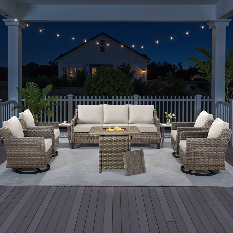 Pocassy 8-Piece Fire Pit Table w/ Sofa Swivel Chair - Beige Cushion Gray Wicker - 8-Piece Fire Pit Table w/ Sofa Swivel Chair