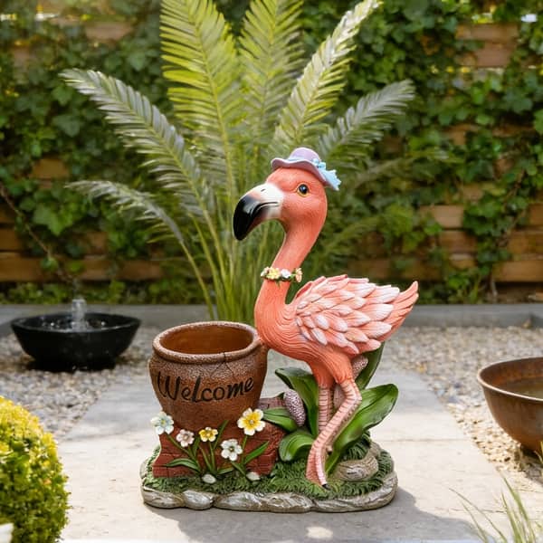 GDFStudio - Flamingo Solar Flower Pot Planter Resin Outdoor Garden Sculpture Yard Decor - Pink