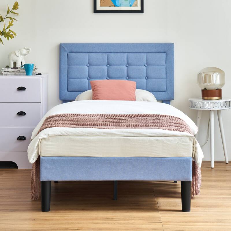 VECELO Bed Frame with Adjustable Headboard, Upholstered Button Tufted Platform Bedframe with Wood Slats Support - Light Blue - Twin