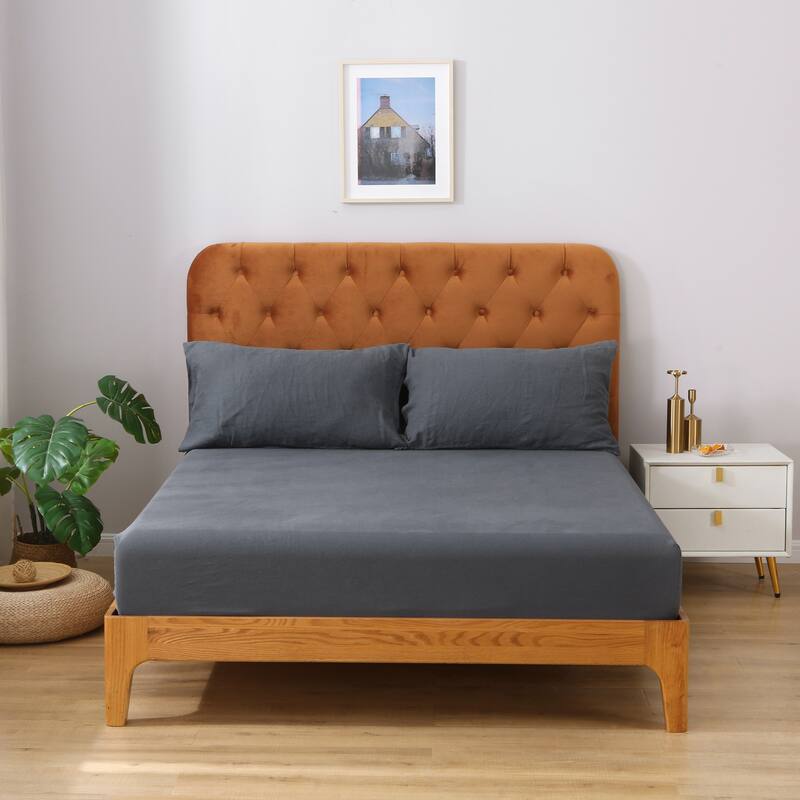 Highland Feather 100% Ultra Soft French Linen Fitted Sheet Set - 1 Fitted Sheet & 2 Pillowcases