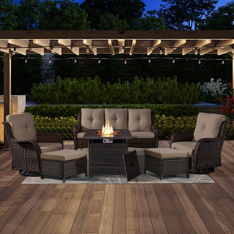 Gymojoy 6-Piece Outdoor Wicker Patio Furniture with Fire Pit Table, Rattan Coversation Set with Water Resistant Thick Cushions